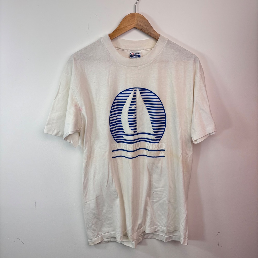 Vintage Hanes Puerto Rico Sailboat Nautical Graphic T Shirt Large USA 80s 90s
